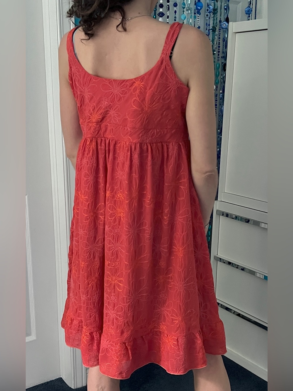 🇨🇦Burnt Orange Floral Embroidered Knee-Length Dress Ruffle Hem Romantic Festival - Picture 2 of 12